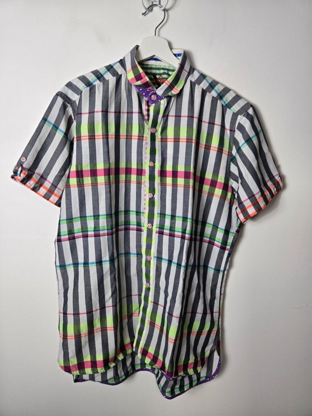 Robert Graham Size XL Short Sleeve Plaid Vibrant Neon Stripe Button-Up Shirt